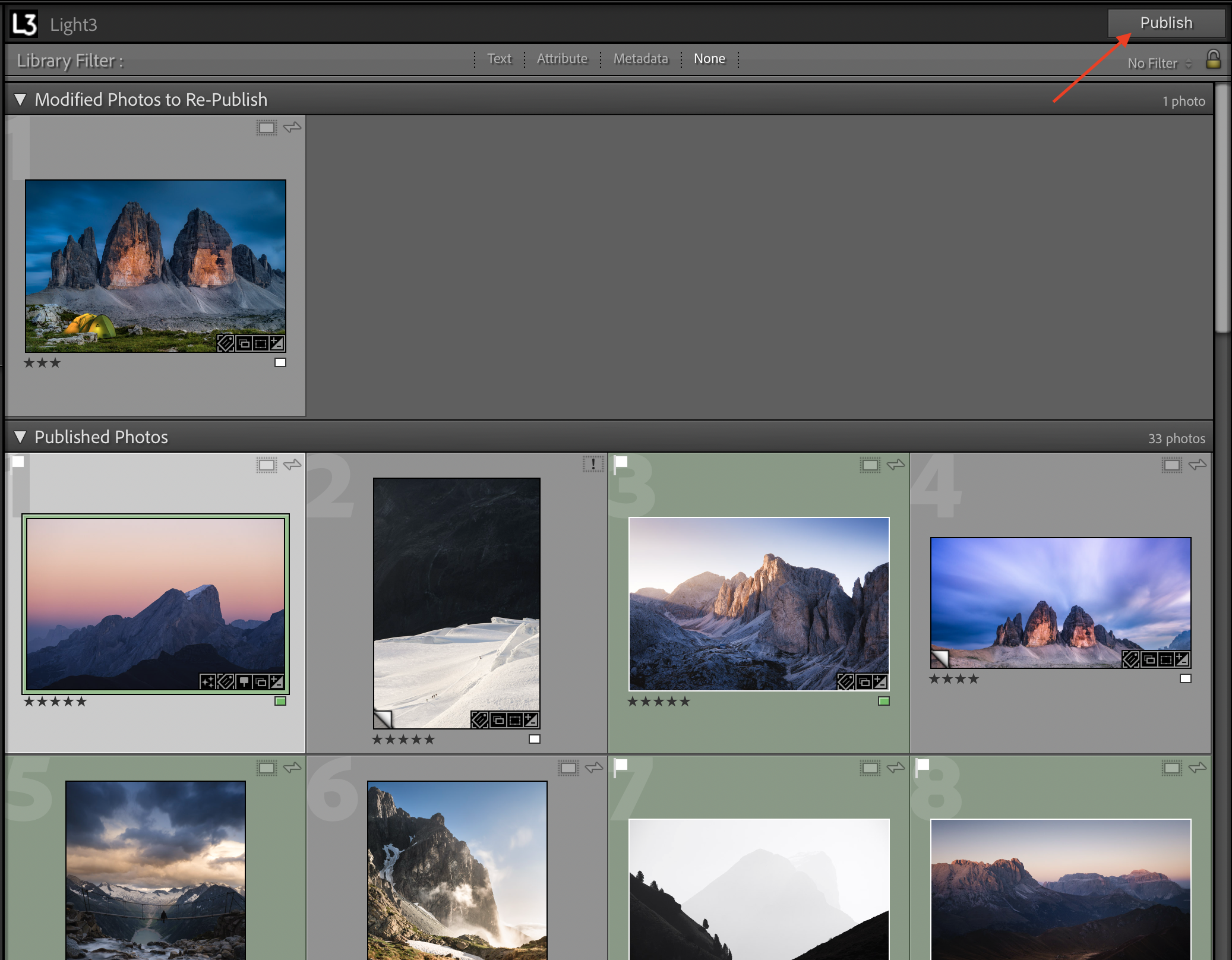 Clicking Publish in Lightroom to upload photos via Light3